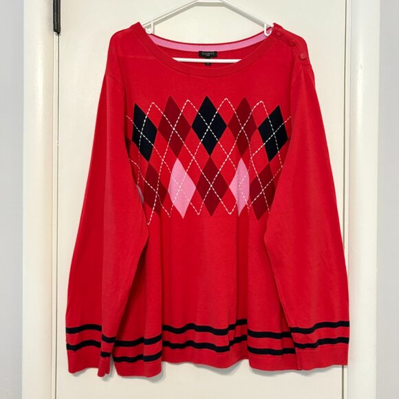 Talbots Women's Plus Classic Red Argyle Crewneck Sweater 3X Shoulder Buttons - Picture 1 of 9